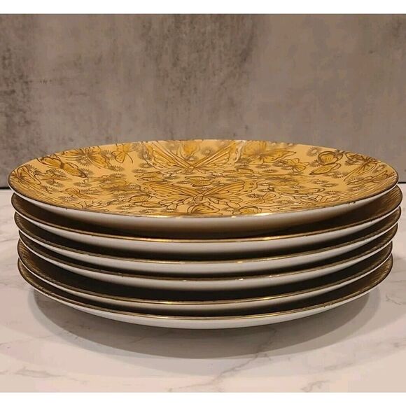 Dorothy C Thorpe VTG Porcelain Salad Plates Gold w/Butterflies- Set of (6) 7.75" - Picture 12 of 14